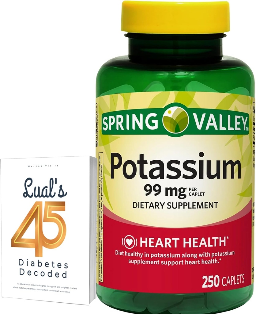 Spring Valley Potasic Heart Health Dietary Supplement Caplets, 99 mg, 250 Count, Potasiu Gluconate Bundle cu Lual 45 Diabet zaharat Decodat