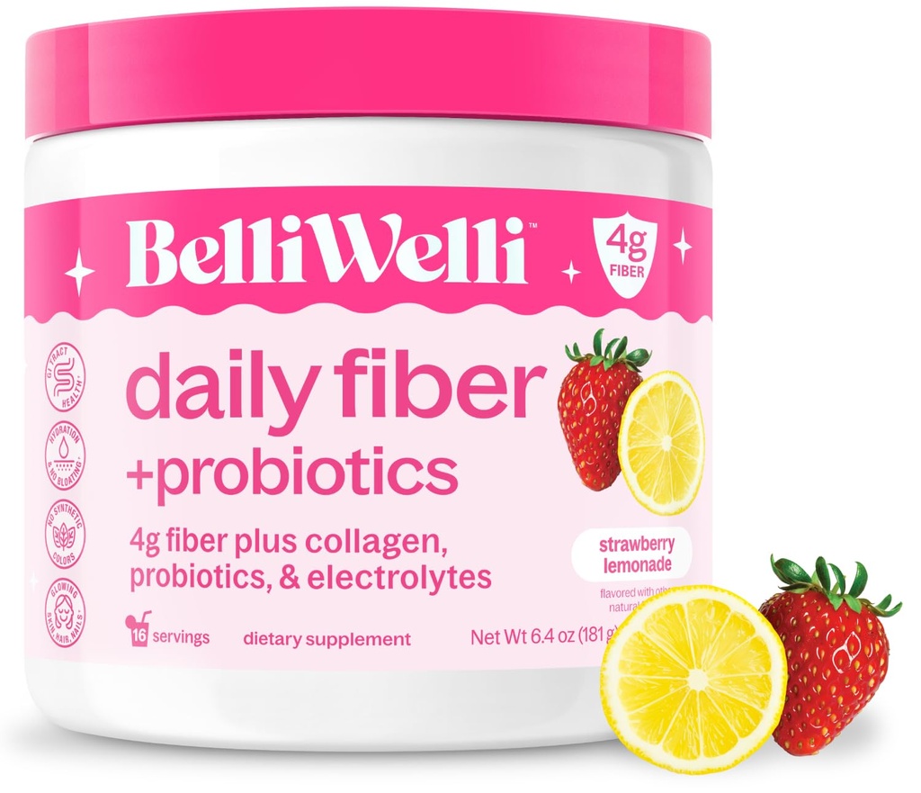 Belli Welli Fiber Supplement for Women&Men, Premium Daily Fiber Powder from Organic Acacia with Added Colagen, Electrolytes &Probiotics, No Bloat, Constipatia &Gut Health Support (Strawberry Lemonade)
