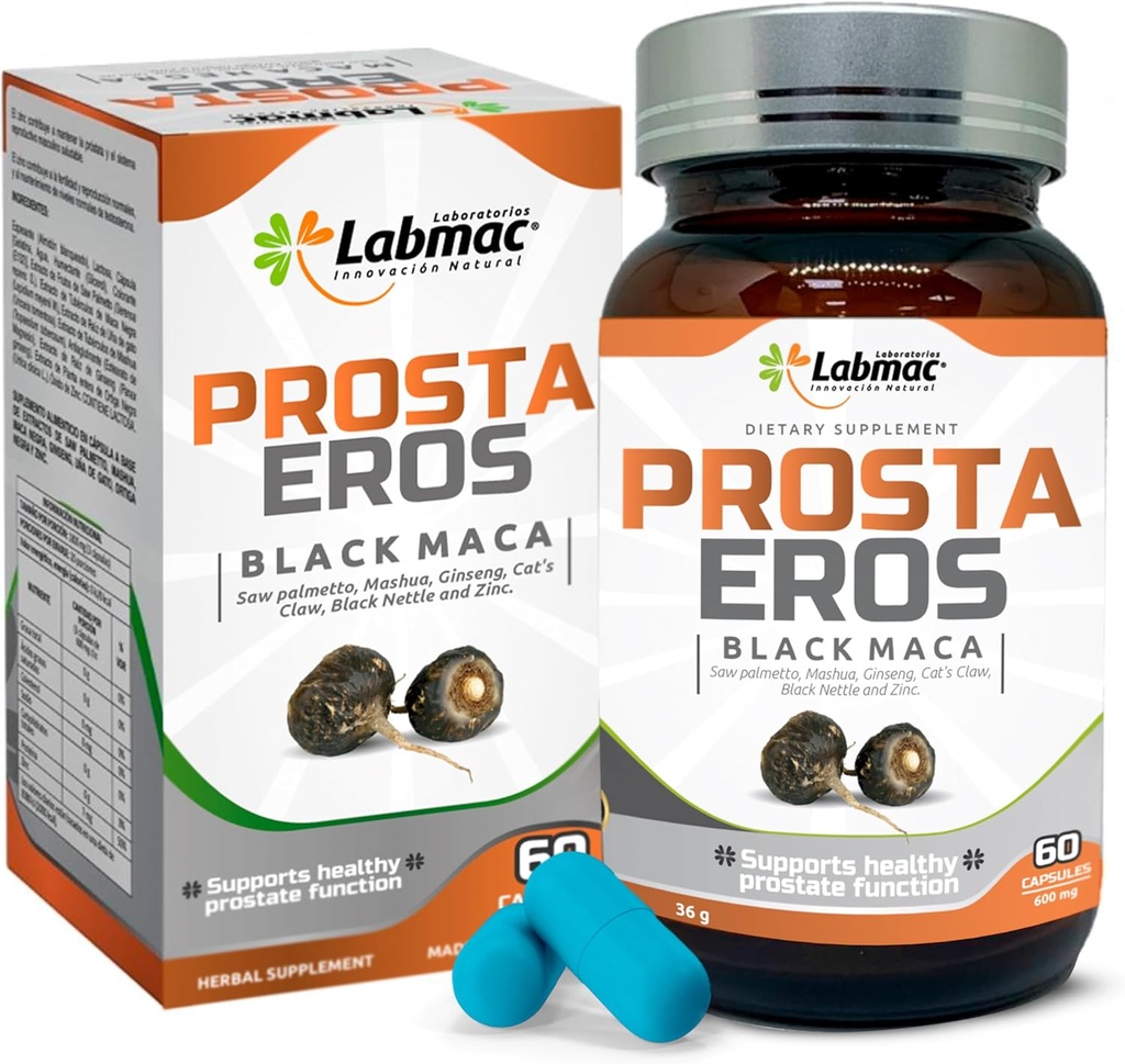 ProstaEros - Supliment de suport prostata - 7 Ingrediente naturale - negru Maca, Saw Palmetto, Mashua, gheare Cat, Gingseg, negru Nettle si zinc. Capsule 60 Conte (Pachet de 1)