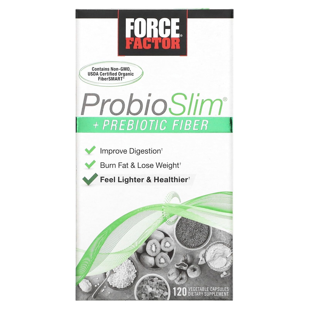 Force Factor ProbioSlim + Prebiotic Fibră pierdere în greutate Supliment pentru femei și bărbați, Probiotic și Prebiotic Digestive de asistență medicală cu extract de ceai verde și Psyllium Husk Fiber, 120 capsule