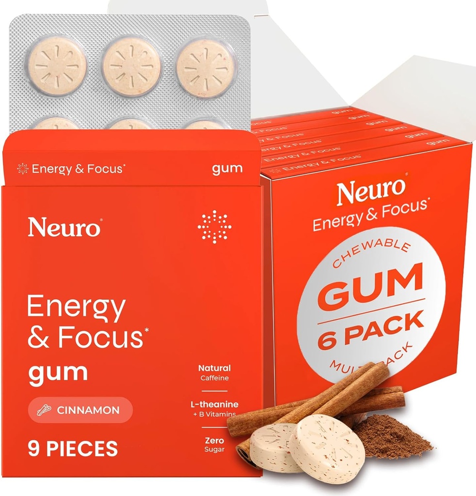 NeuroGum Energy & Focus Gum (54 Count-6 Pack, Scorțișoară) 