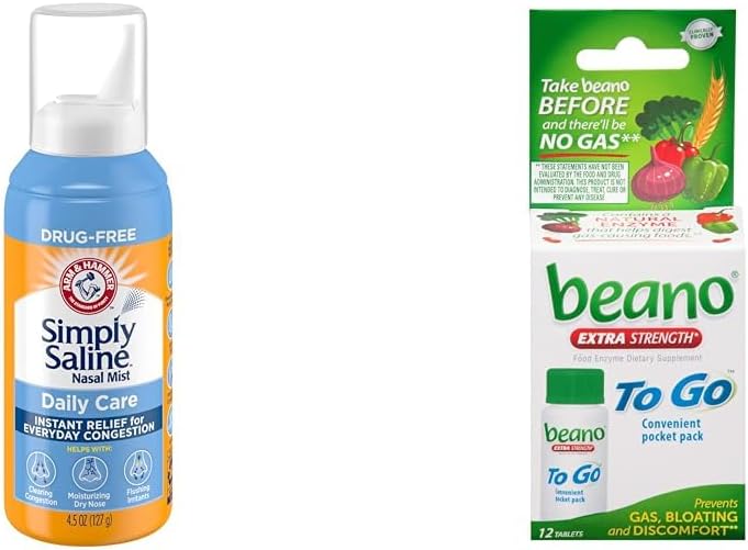 Arm & Hammer Pur și simplu salină Spray nazal 4.5oz și Beano pentru a merge tablete de gaz de salvare 12 Număr