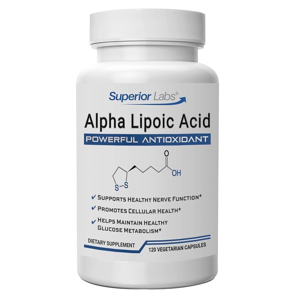 Labs Superior Alpha Acid lipoic 600 mg capsule, Pure non-GMO ALA, Absorbție ridicată, Suport pentru nervi, Circulație sănătoasă și răspuns nervos, Antioxidant de imbatranire sanatos, 120 Veg Caps, aprovizionare 4-Month