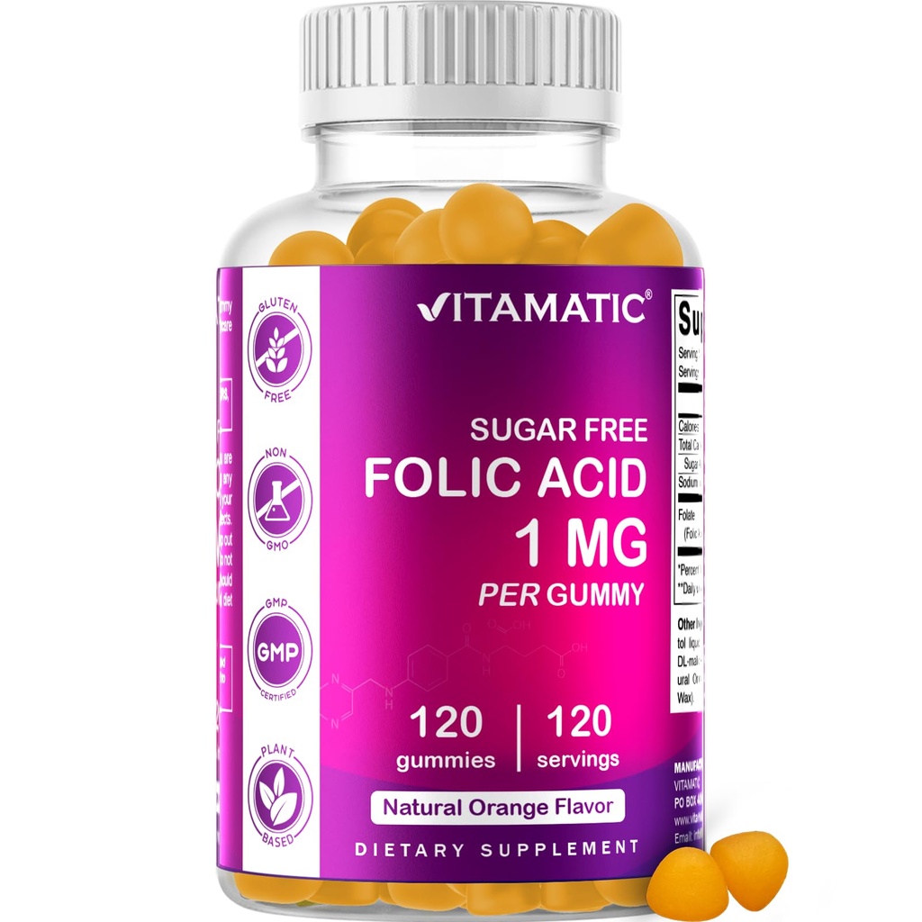 Acid folic vitamatic Gummies 1000 mcg (1 mg) - o vitamine prenatale esențiale pentru mama și copilul - vitamina B9-120 Gume Vegane (1)