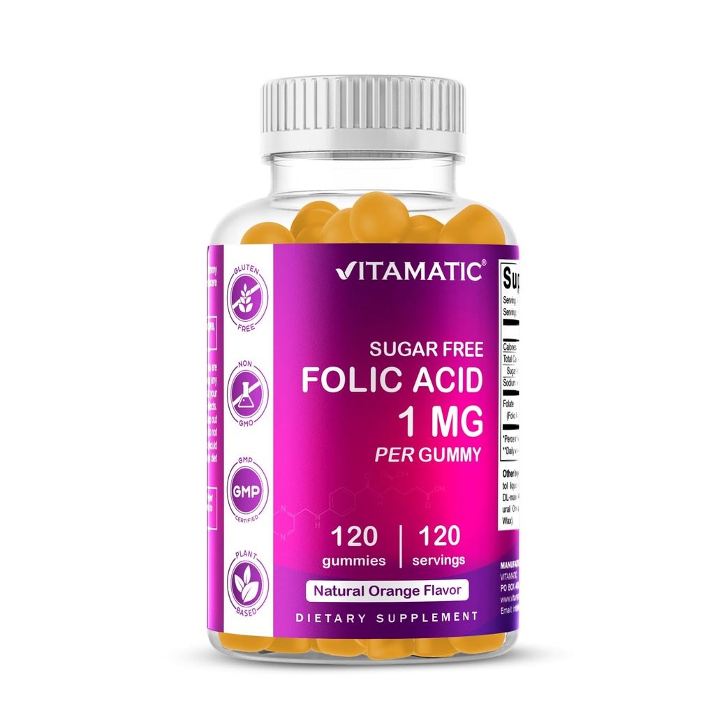 Acid folic vitamatic Gummies 1000 mcg (1 mg) - o vitamine prenatale esențiale pentru mama și copilul - vitamina B9-120 Gume Vegane (1)