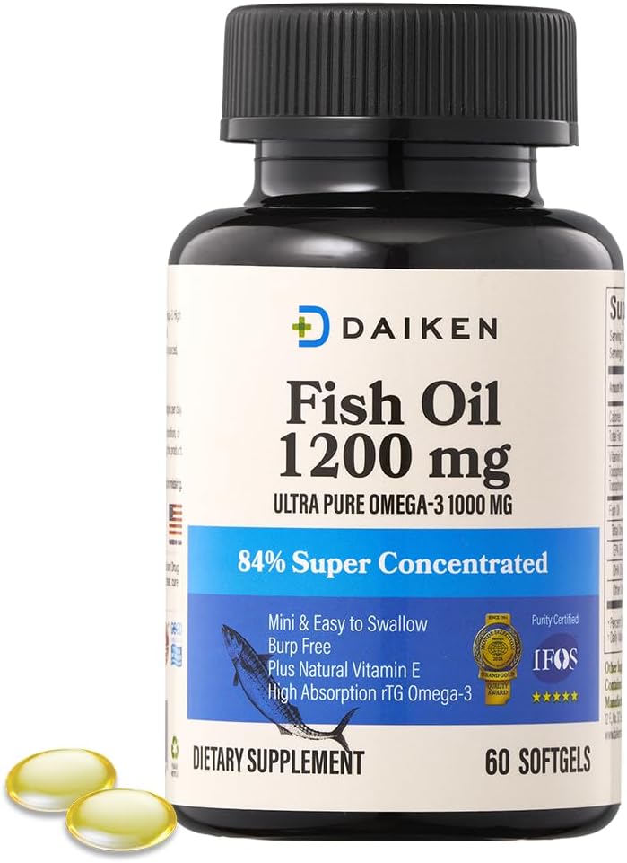 DAIKEN Mini ulei de pește 1200 mg, rTG Omega 3 1000 mg, 60 Softgels, mare absorbție și ulei de pește fără burpless pentru inima sanatoasa, Brain și suport ochi uscat