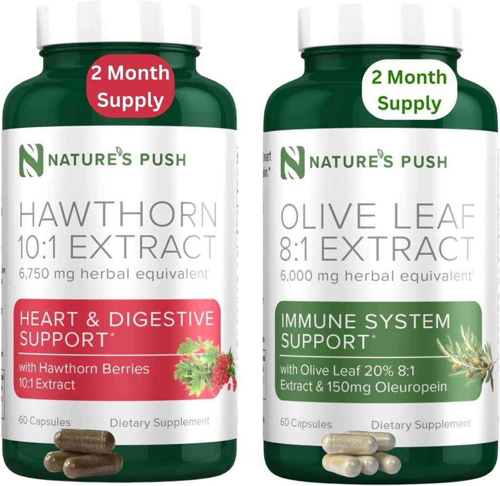 Nature's Push Hawthorn Berry and Olive Leaf Bundle of Super Potent 10:1 Hawthorn Berry Extract (2 Luna de aprovizionare) și Olive Leaf Super Potent 8:1 Extract 20% Oleuropein 750 mg capsule (2 luna de aprovizionare)