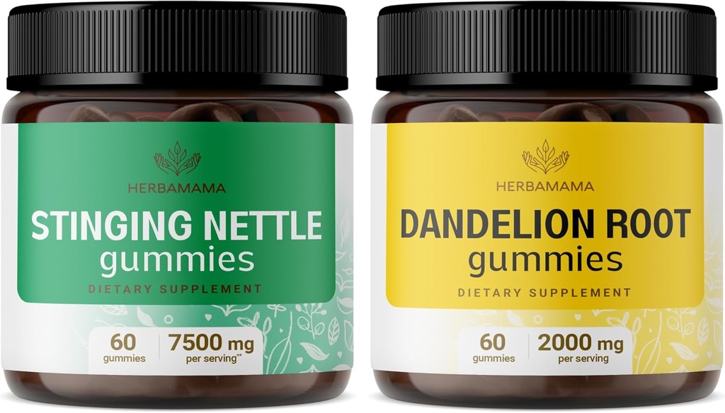 HERBAMAMA Stinging Nettle and Dandelion Kit - Bundle of 7500 mg Stinging Nettle Root & 2000 mg Dandelion Root Gummies - Vegan, Non-GMO, Gelatină-Free - 2 Pack