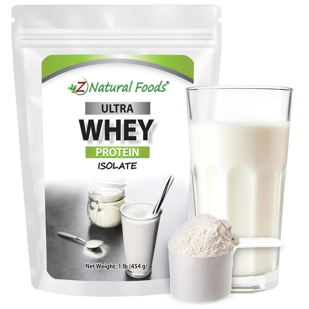 Z Natural Foods Ultra Whey Proteine Izolate Pulbere - Pure, Nearomate, Neîndulcite Pulbere de proteine - fără aromă Izolat cu proteine vitale pentru fitness, nutriţie sportivă, suport imun, 1 lb