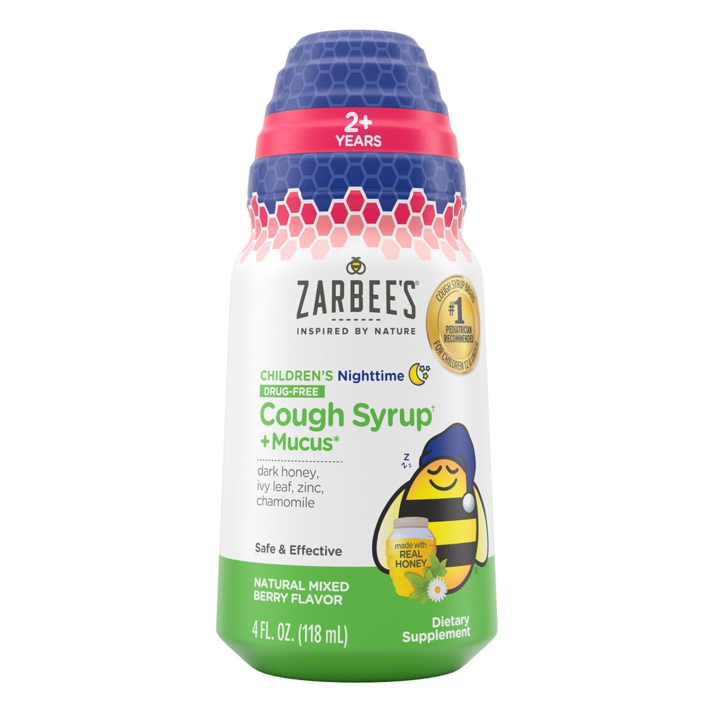 Zarbee's Children's Nighttime Honey Cough Syrup + Mucus for Kids 2+ + Dark Honey, Ivy Leaf, & calming Chamomile, #1 Pediatru Recomandat, Drug & Alcohol-Free, Mixed Berry, 4 fl. oz