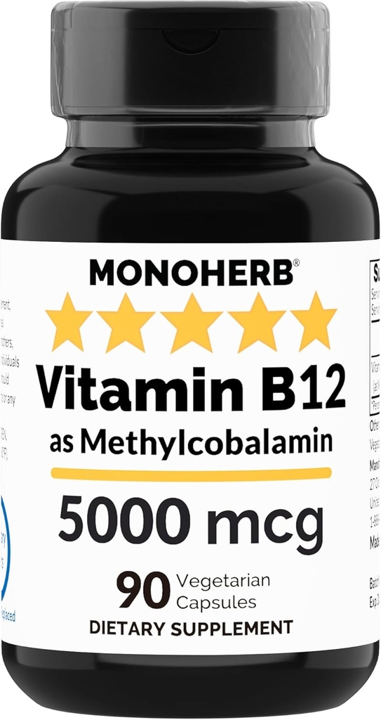 MONOHERB Vitamina B12 Metilcobalamină 5000 mcg - 90 capsule vegetariene - B12 Metil