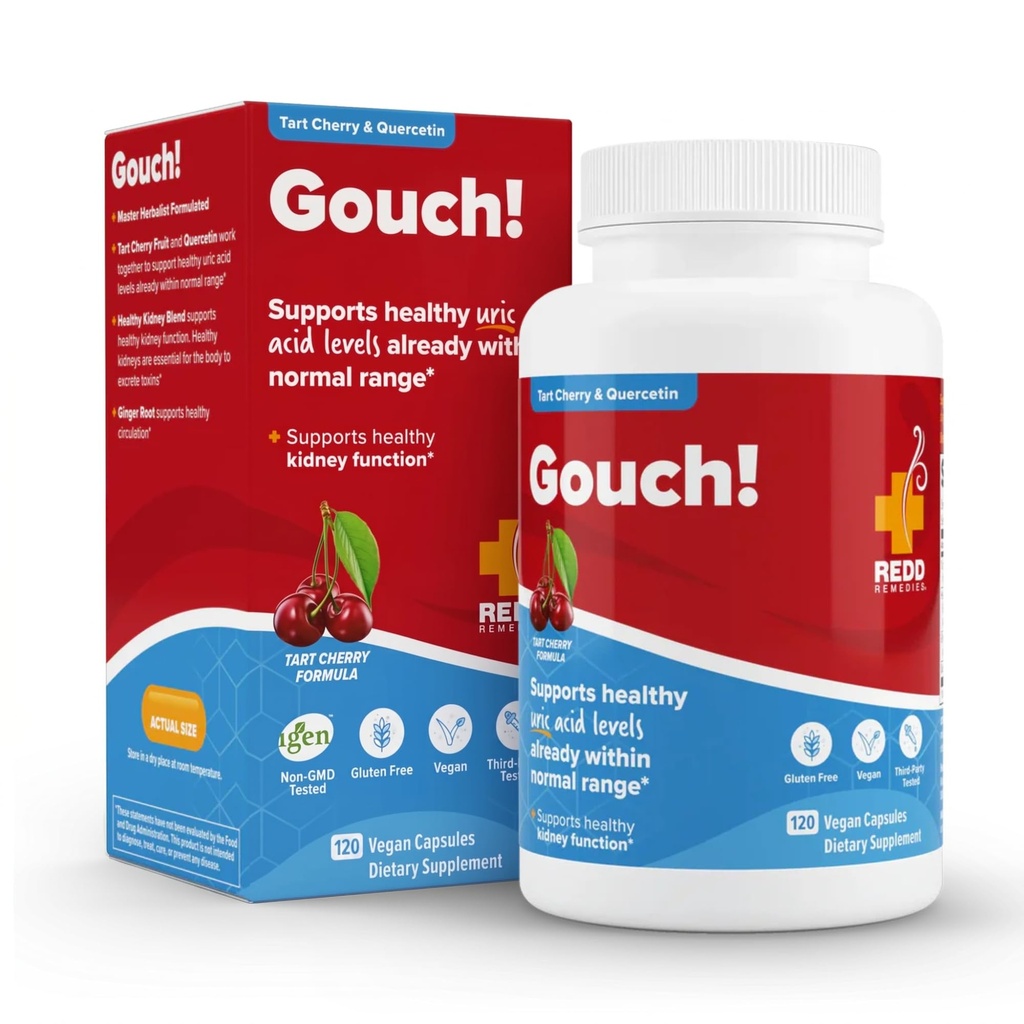 Remedii Redd, Gouch!, Suport suplimentar pentru articulații și niveluri de acid uric, Încurajează un răspuns inflamator sănătos, Tart Cherry & Querbetin, 120 capsule Vegan