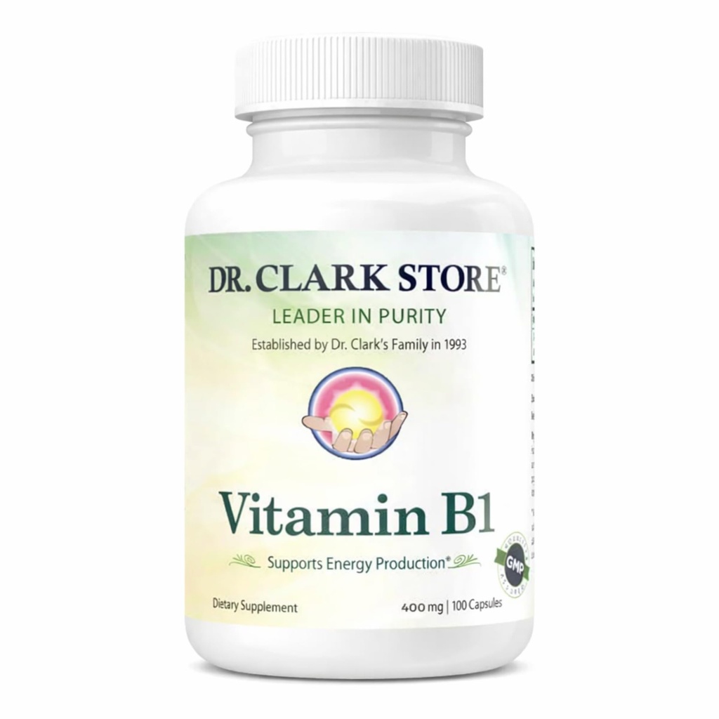 Dr. Clark Vitamina B1 Tiamine 400mg Supliment -Thiamine B1 Supliment pentru sistemul nervos sanatos si metabolismul energetic, gluten-free, lactate gratuit - 100 Gelatina capsule