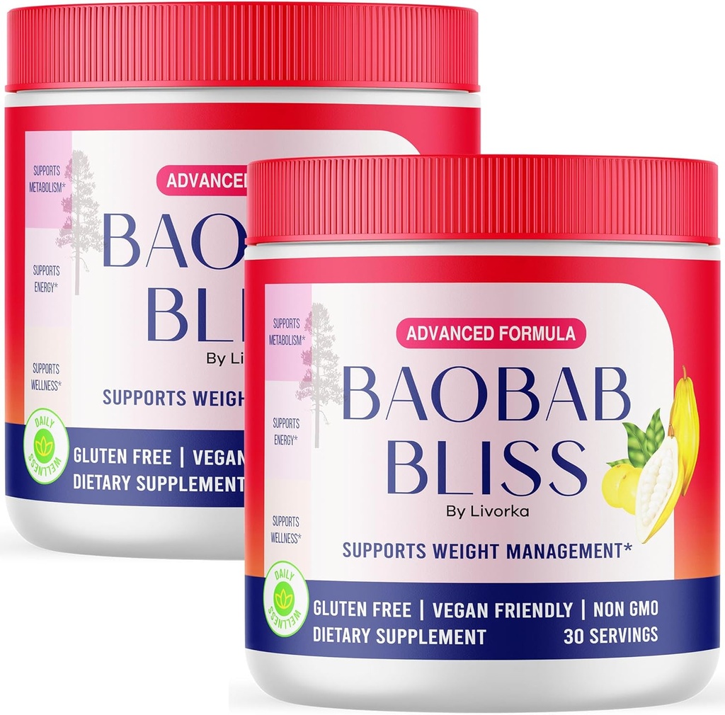 LIVORKA Baobab Bliss, All Natural Fiber Organic Fruit Powder Supplement, 60 Servings for 2 Luni (Pachet de 2)