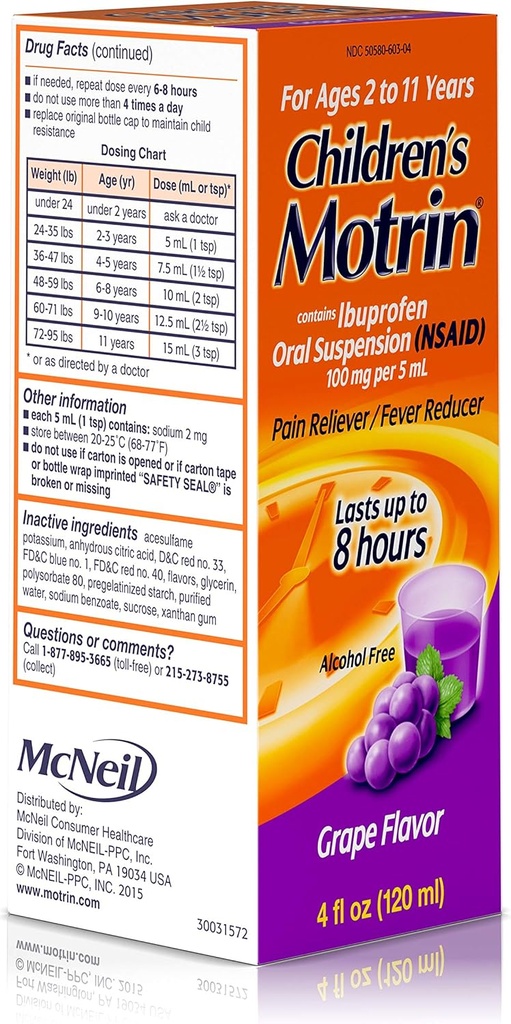 Motrin Copii suspensie orală Aroma de struguri - 4 oz, ambalaj de 4