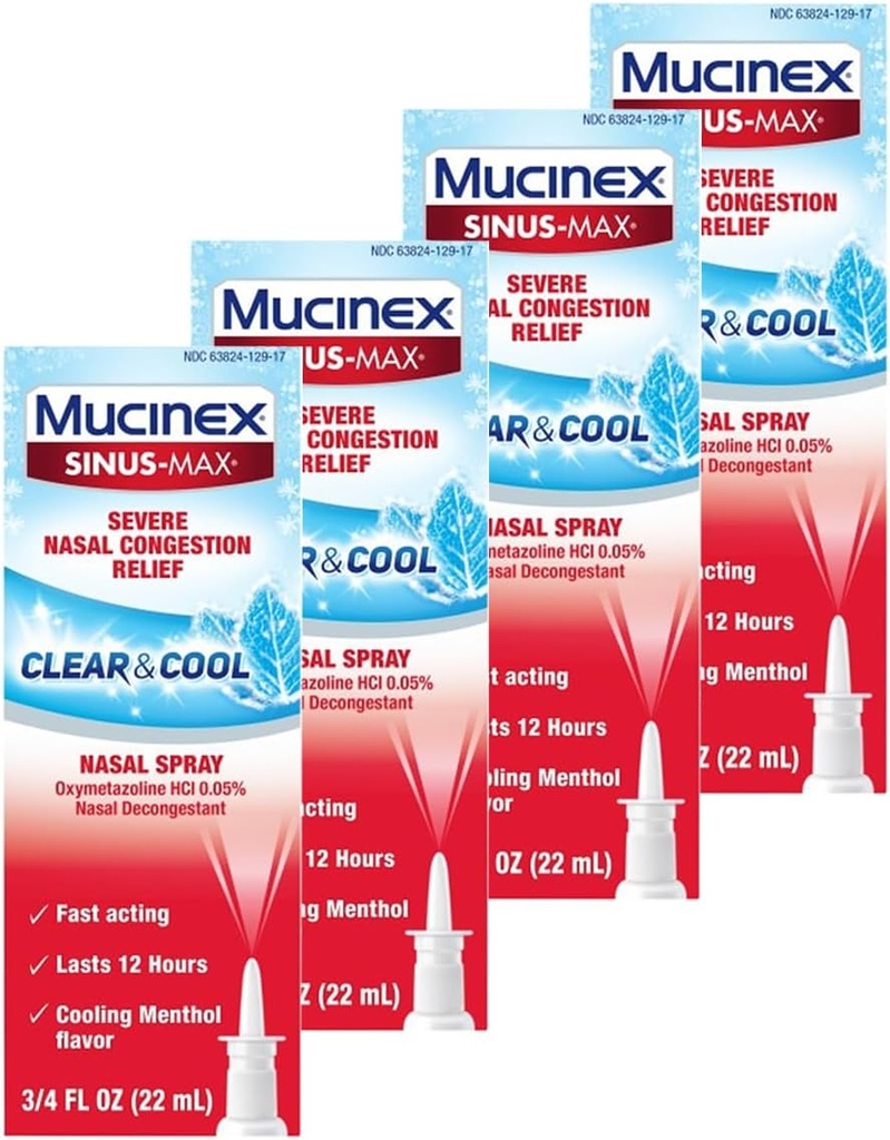 Spray de decapare nazală Mucinex, Sinus-Max Relief de congestie nazală severă Clear & Cool Spray Nasal, Durează 12 ore, Acționare rapidă, Aroma mentolată de răcire, Ambalaj mai Vary, 0,75 Fl Oz (Pachet de 4)