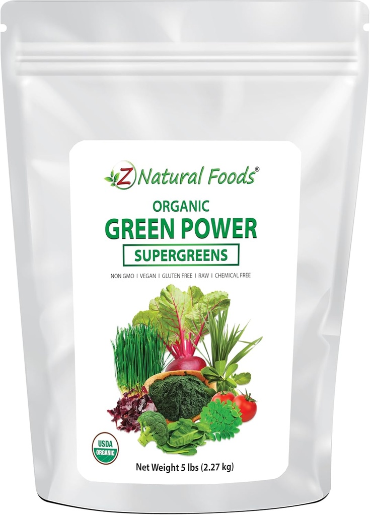 Z Natural Foods Greens Organic Superfood Powder - Barley Grass, Wheatgrass, Spirulina, Spanac, Broccoli, Alfalfa Leaf, Beet Root, Tomato, Dulse & Moringa - Raw Vegan Gluten Free - 5lbs