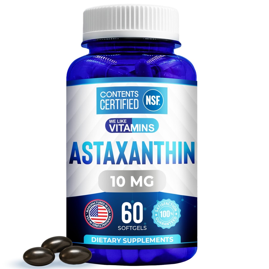 Ne plac vitaminele Astaxanthin 10mg Softgel - Suplimente Astexanthin foarte potent de la Haematococcus Pluvialis - Îmbunătățește ochi, comun, Skin Health & Energy Levels - 60 Conte, 2 luni de aprovizionare