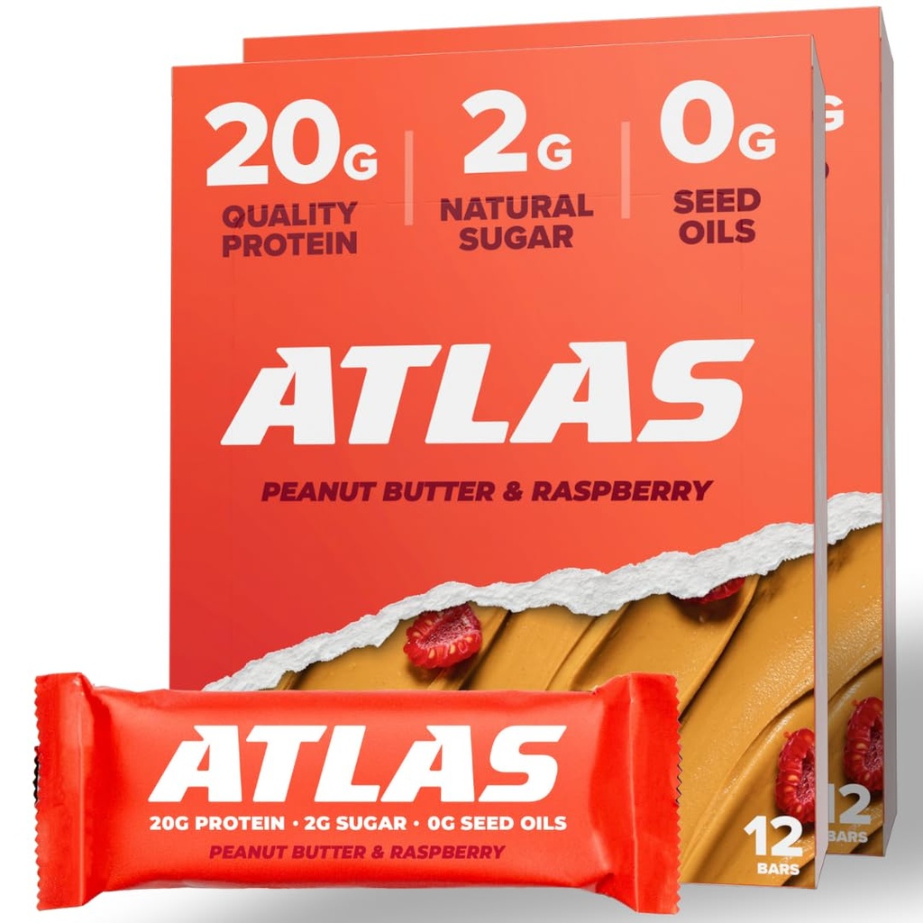 Atlas Proteine Bar, 20g Proteine, 1g zahăr, Ingrediente curate, Gluten gratuit (Peanut Butter Raspberry, 12 Conte (Pachet de 2))
