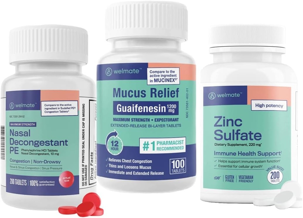 Welmate Ultimate Cold & Allergy Relief Bundle: Putere maximă Guaifensin 1200 Mg Mucus Relief (100 comprimate), Fenilephrine HCl 10 mg Nasal Decongestant (200 comprimate) & Zinc sulfate 220 mg