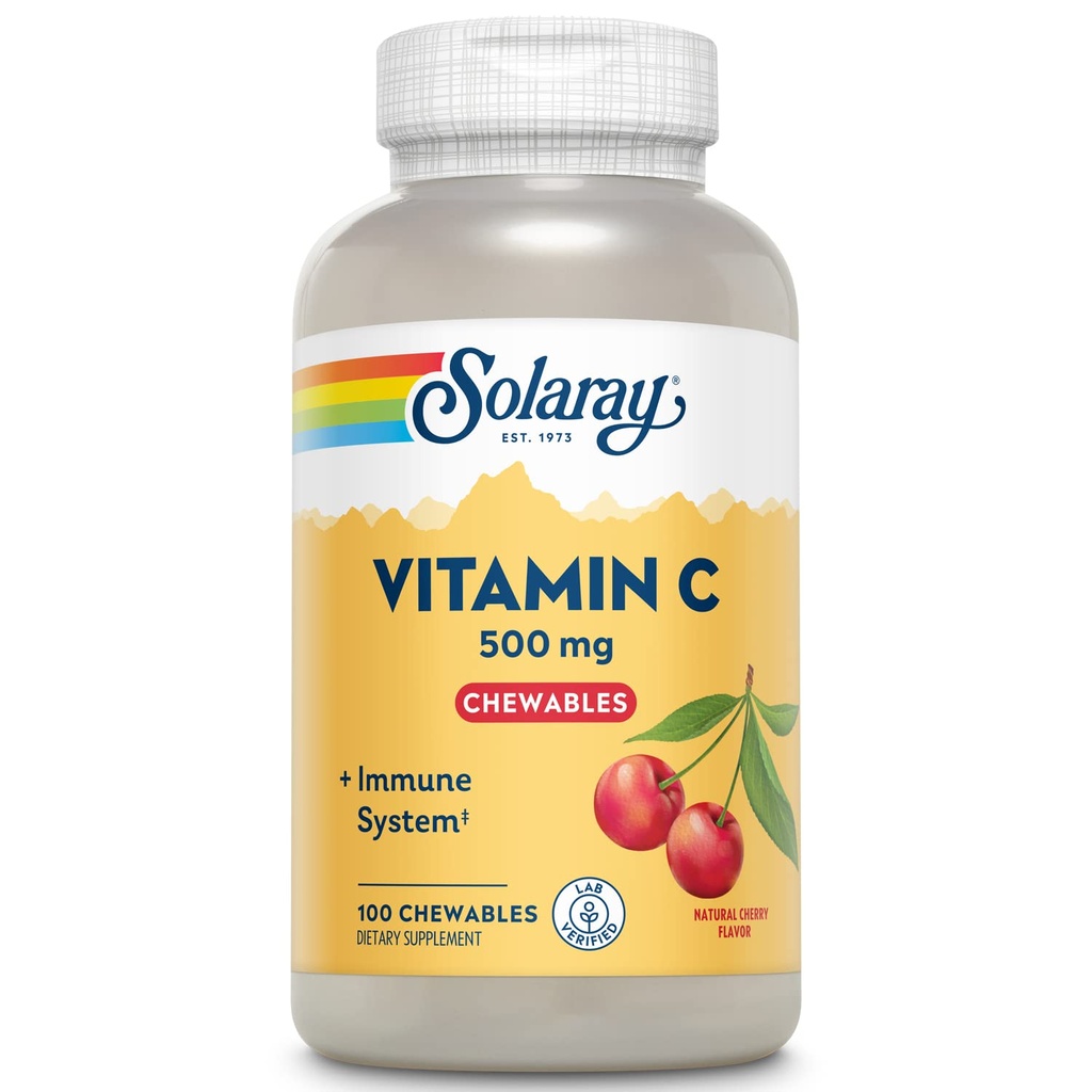 SOLARAY Vitamina C masticabila C 500 mg, Aroma de cireșe naturale cu îndulcitori naturale, Antioxidant și supliment de sprijin imunitar cu întreaga bază alimentară, 60-Day Garanție, 100 Serviri, 100 Masticabile