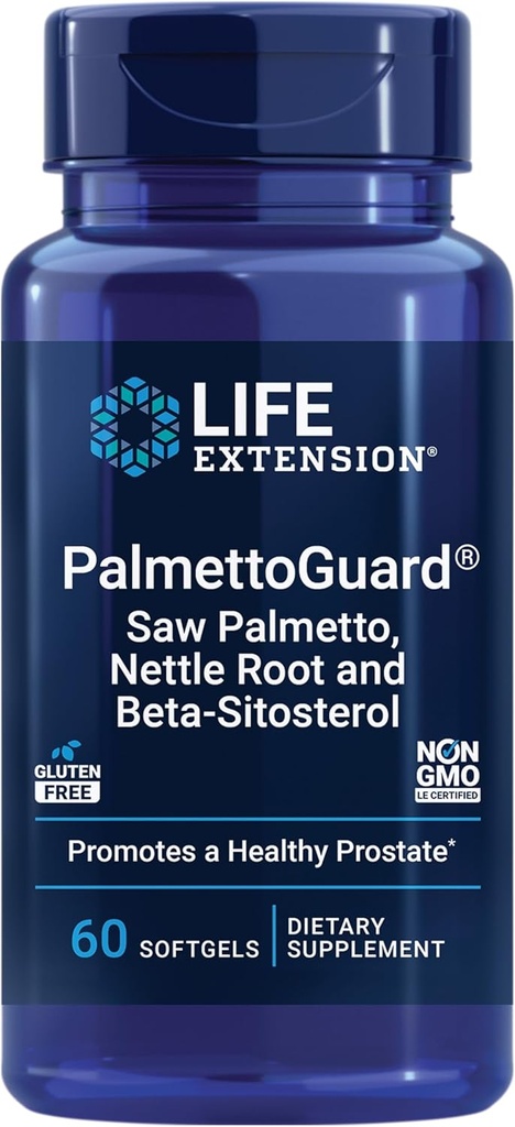 Life Extensie PalmettoGuard® Saw Palmetto, Nettle Root şi Beta-Sitosterol, susţine funcţia de prostată sănătoasă şi metabolismul hormonului, 160 mg de Saw Palmetto pentru bărbaţi, gluten-free, non-GMO, 60 softgels