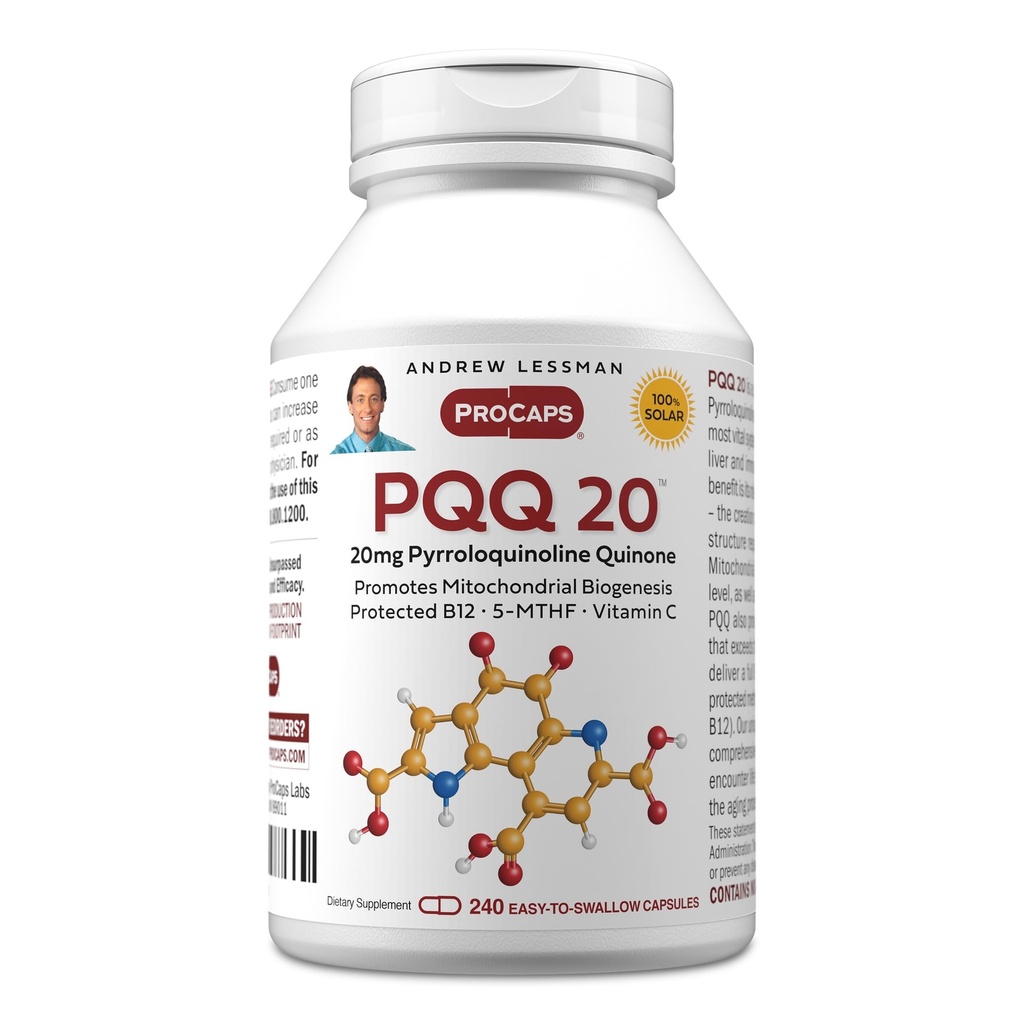 ANDREW LESSMAN PQQ 20mg - 240 capsule - 20mg Pyrrolochinolină Quinone, Complex Natural de protecție susține organe vitale, inimă, creier, ficat, sistemul imunitar. Biogeneză mitocondrială, fără aditivi