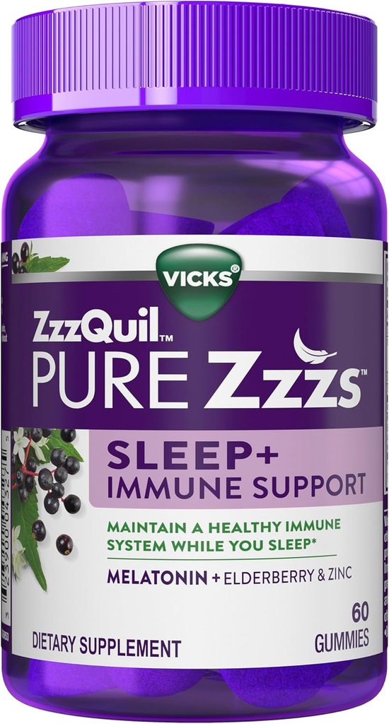 ZzzQuil Pure Zzzs Sleep + Immune Support Melatonin Sleep Aid Gummies with Elderberry, Zinc, Mușețel, Lavender, & Valerian Root, 1mg per Gummy, 60 t