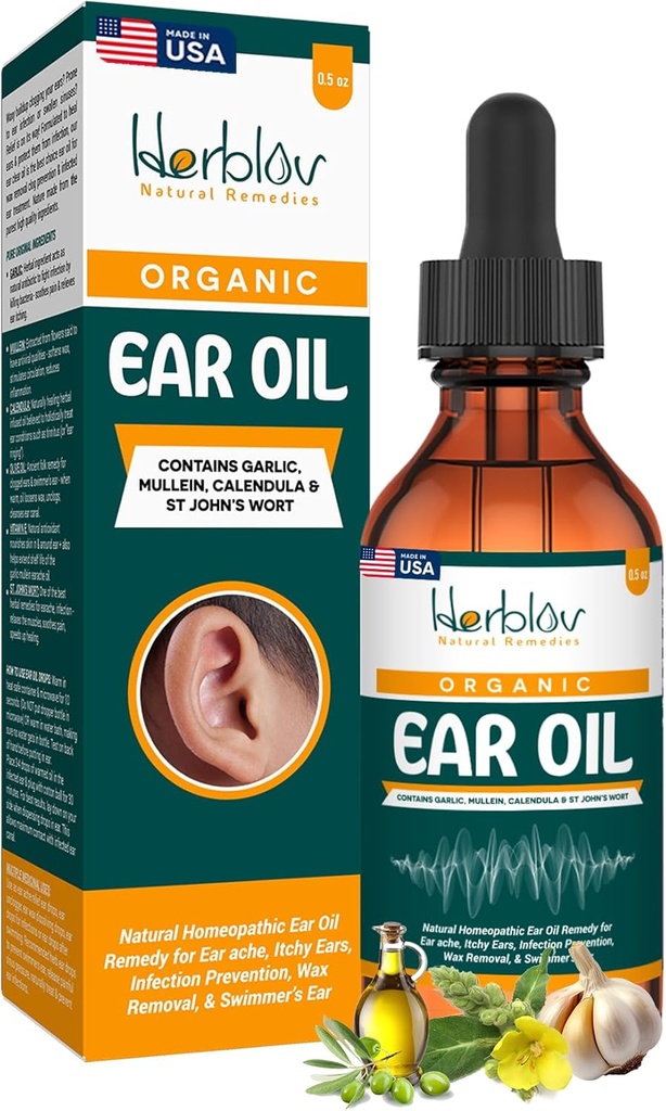 Ulei de ureche organic pentru infectii ale urechii - picaturi naturale pentru prevenirea infectiilor, indepartarea urechii si ceara inotatoare - copii, adulti, bebelus, caine Earache Remedy - cu Mullein, Usturoi, Calendula, Made in USA