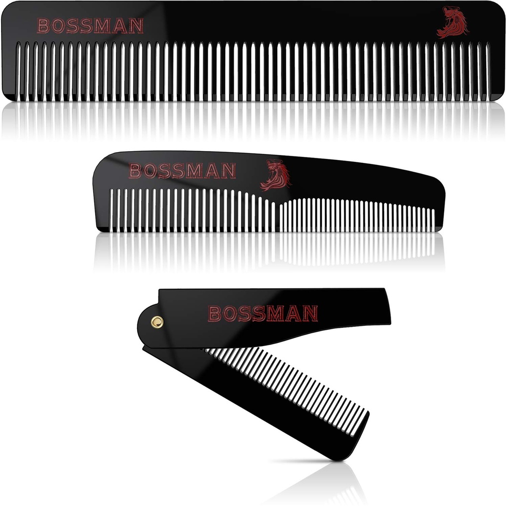 Bossman acetat Beard, mustață, și pieptene de păr set de 3 - Combs pentru bărbați cu cutie magnetică minimalist (7,5-Inch, 5-Inch, 3.5-Inch) - Caracteristici Rotunjite dinți, dinți cu două fețe și design pliabil