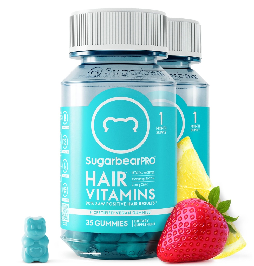 Sugarbear Hair Vitamina Gummy 2 lună de aprovizionare Extra Putere Biotina 6000mcg, Creşterea pentru bărbaţi şi femei, Vegan Vitamina B12, MSM, Inositol, Omega 3, Elderberry, Certified Kosher, Halal, Cruzime-Free