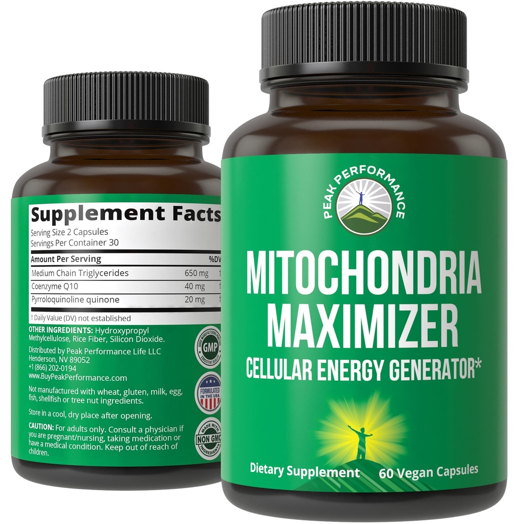 Mitocondrii Maximizator cu CoQ10 și PQQ activ. Cel mai bun supliment de suport mitocondrial cu ulei MCT. Generator celular natural pentru energie curată, concentrat 60 Capsule vegetariene