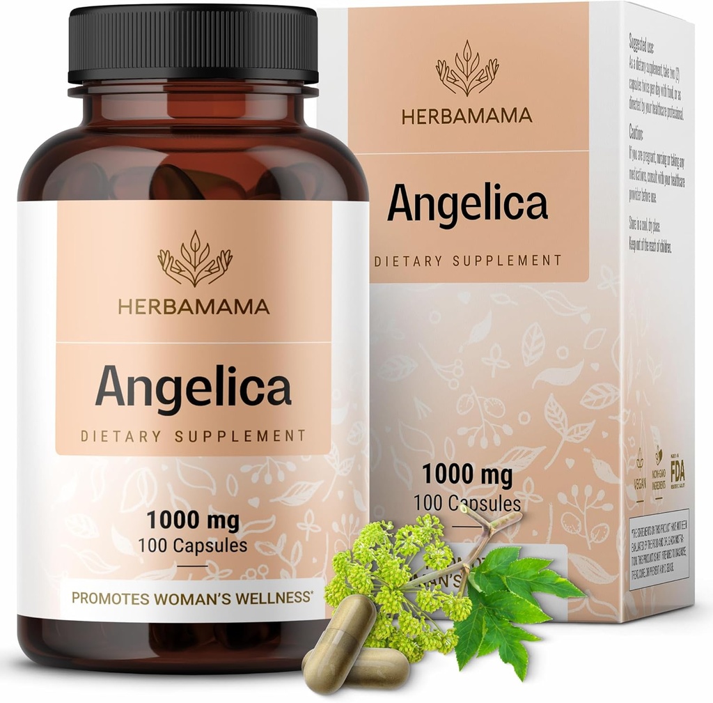 Suplimentul HERBAMAMA Dong Quai - 1000mg Angelica Root for Women's Support - Dong Quai Powder Capsule - Vegan, non-GMO Angelica Herb Antioxidant Supliment pentru femei