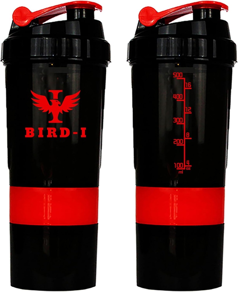 BIRD-I Gym Proteine Shaker, 3-in-1, 500ml/16,9oz, BPA-Free, Metal Mixer. (RED), JT4101
