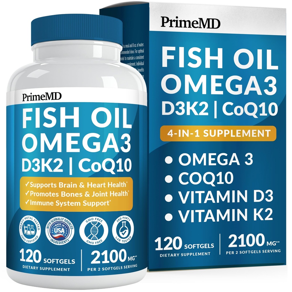 4-in-1 Ulei de pește Omega 3 Suplimente grase (2100mg) - Omega 3 Ulei de pește cu vitamine D3 K2 și CoQ10 - Aromă de lămâie (120 softgels)