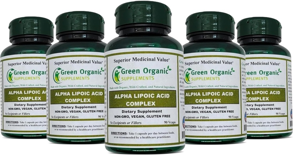Green Organic Supplements' Alpha Lipoic Acid Complex, ALA, 90 VCaps Alpha Lipoic Acid Capsule (Pachet de 5)