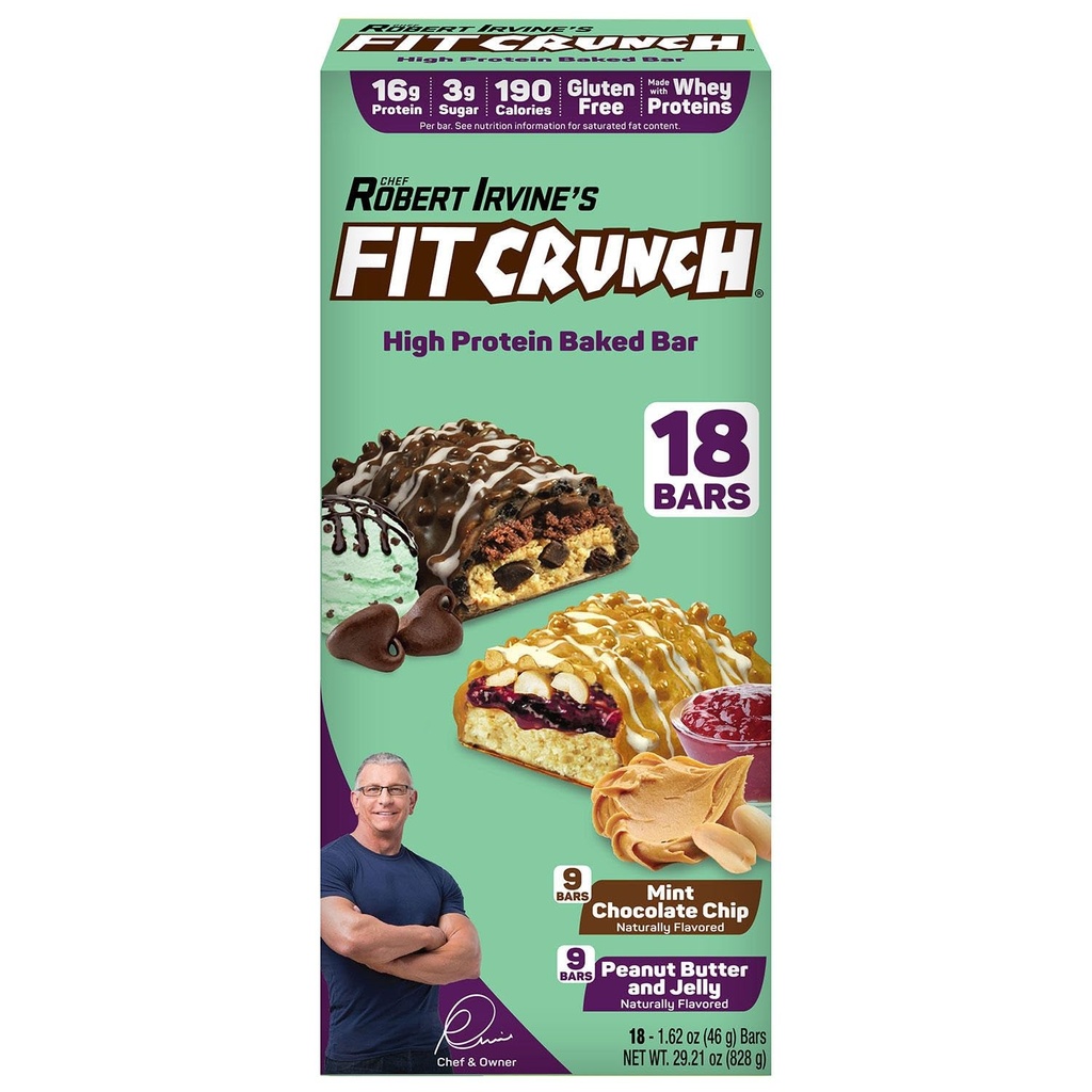 Baruri de proteine FITCRUNCH, pachet de dimensiuni Snack, Gluten gratuit (18 Baruri, menta ciocolată Chip și unt de arahide Jelly)