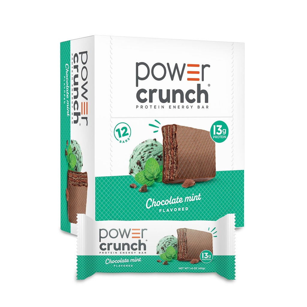 Power Crunch Proteine Wafer Baruri, Snack-uri de proteine ridicate cu gust delicios, Ciocolata Minta, 1.4 Ounce (12 Conte)