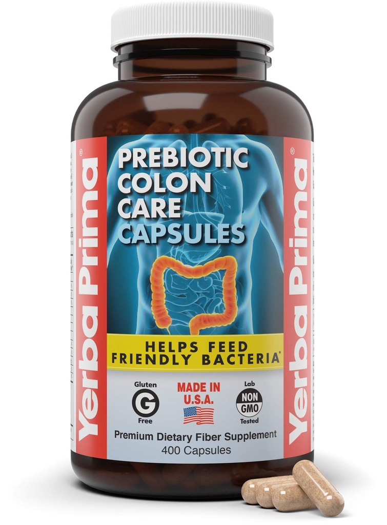 Capsulele de îngrijire a colonului prebiotic Yerba Prima, 400 Caps - Cinci forme de fibre Plus prebiotice FOS - Supliment alimentar pentru sănătate - Fibre solubile și sănătoase pentru regularitate și suport digestiv