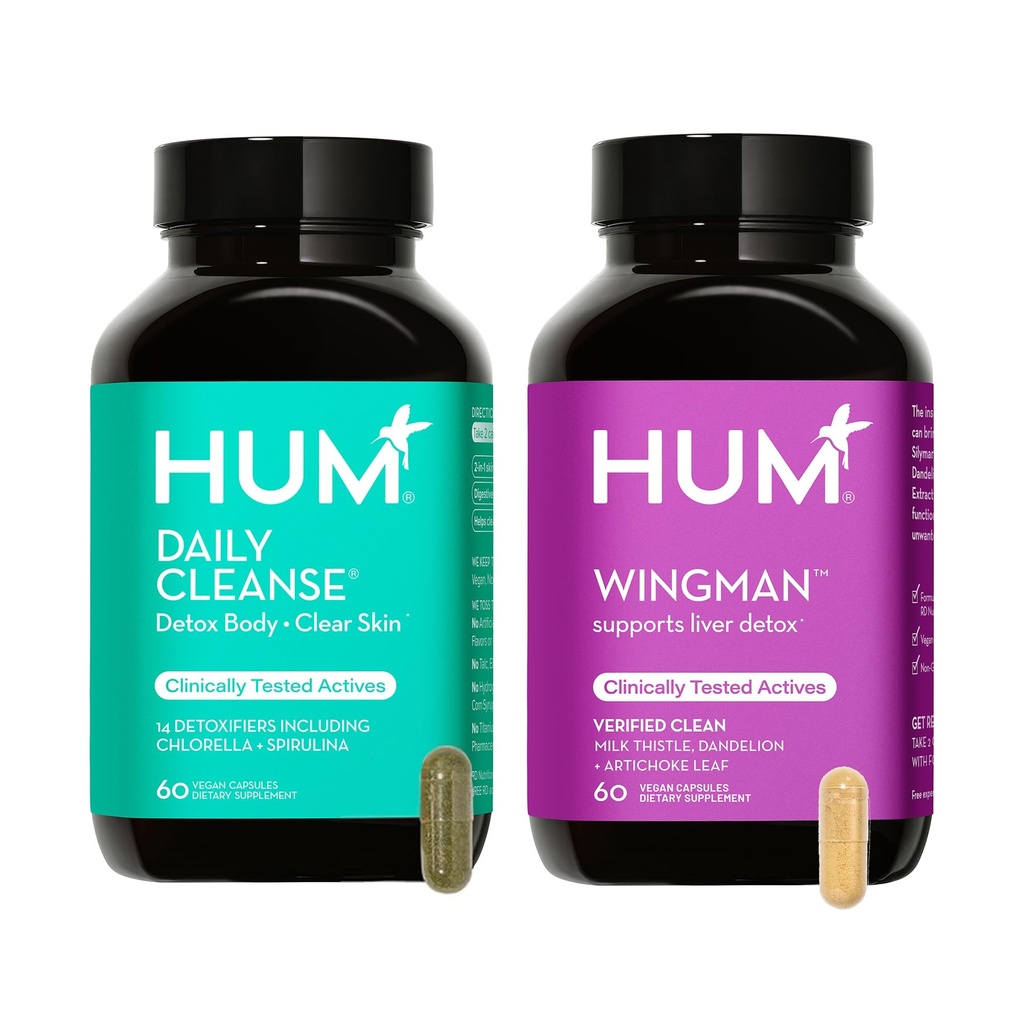 HUM Full Skin and Ficat Health Supplement from Nutrition, Wingman and Daily Cleanse A Green Detox & Milk Thistle for Skin Care Support and Ficat Health, 2 Pack Bundle, 60 Vegan Capsule