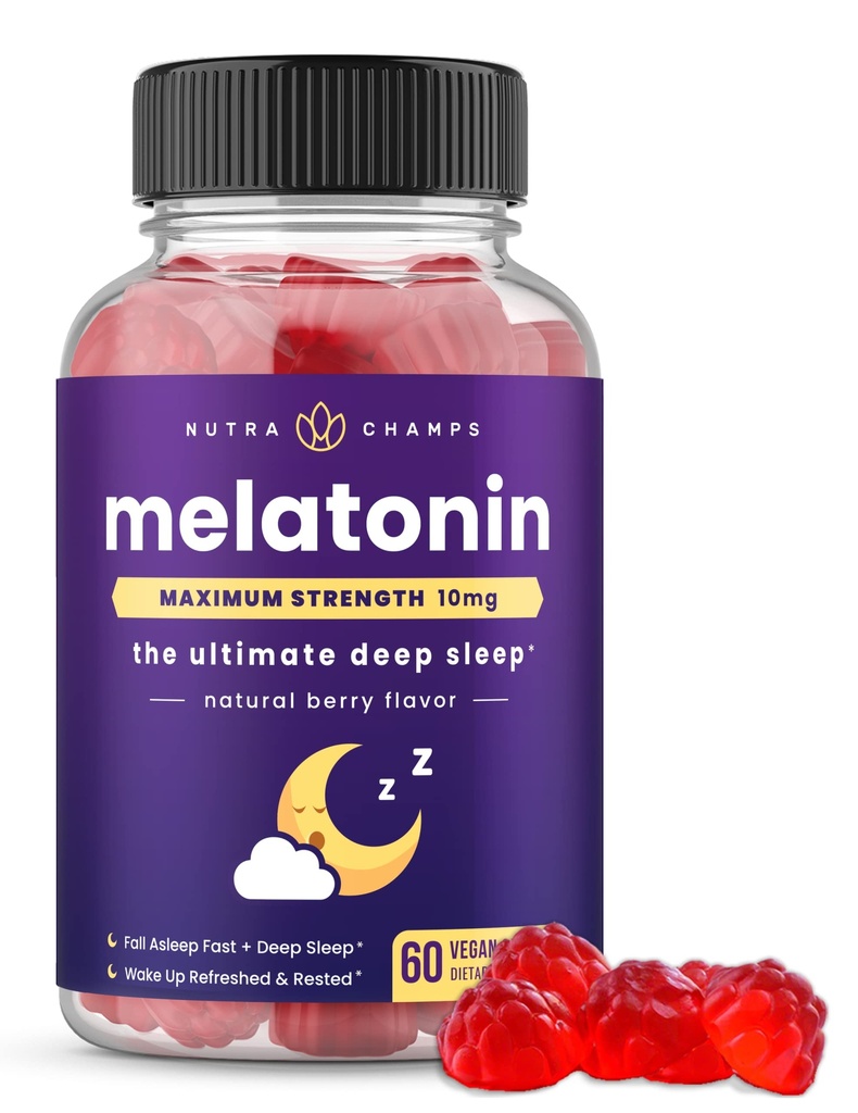 NutraChamps Melatonin Gummies pentru adulți, Extra Putere Ajutor de somn Vitamine, 5mg sau 10mg Doza, Vegan naturale aroma de capsuni Supliment pentru somn mai bun, Cicluri de somn sanatos, 60 Gume