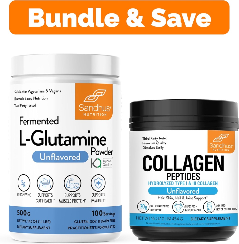 L-Glutamine Powder Sandhu 100 Serviri, 500g, 17,6 Oz., Marime mare, 3 luni de aprovizionare & Colagen Peptides Powder 