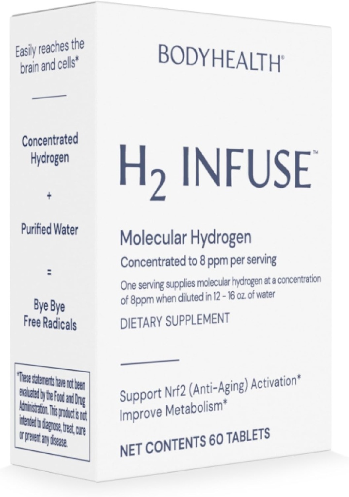BodyHealth H2 Infuza tablete de hidrogen molecular, tablete pentru apă potabilă, Magneziu elementar pentru a sprijini metabolismul cu apă de hidrogen molecular - 60 comprimate