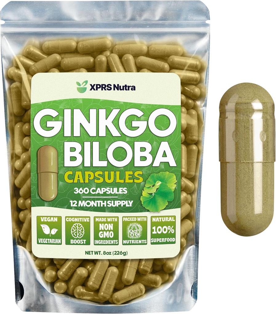 XPRS Nutra Ginkgo Biloba Capsule - Gingko Biloba Suplimente încapsulate pentru Cogniţie - Vegan prietenos Ginkoba Biloba - Imunitate Boosting Ginkgo Biloba Capsule - 360 Conte