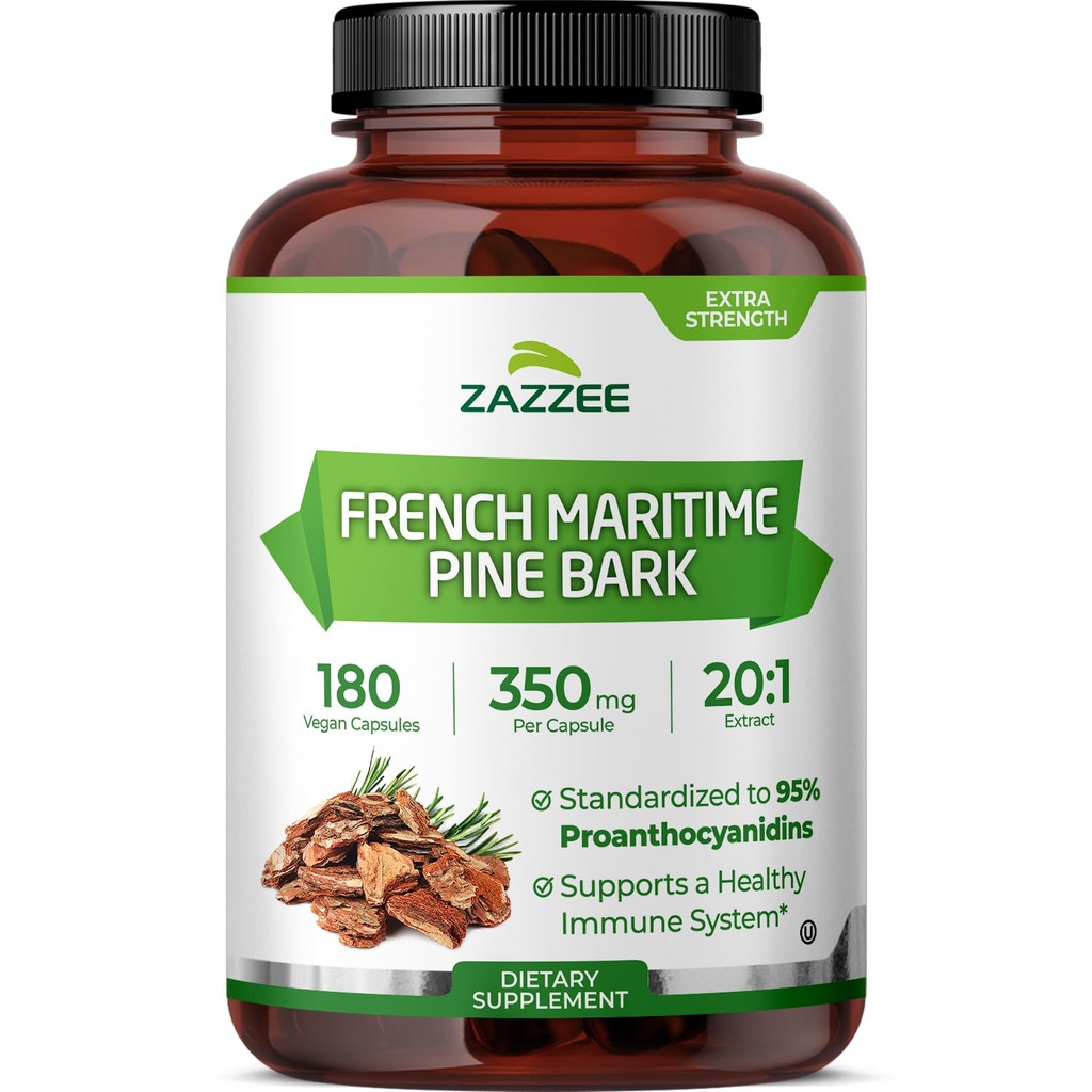 Zazzee Extra Force French Maritime Pine Bark 20:1 Extract, 350 mg per capsule, 180 capsule Vegan, 95% Proanthocyanidins, Kosher, 6 Luna de aprovizionare, Standardizat 20X Extract, Non-GMO, Made in the USA