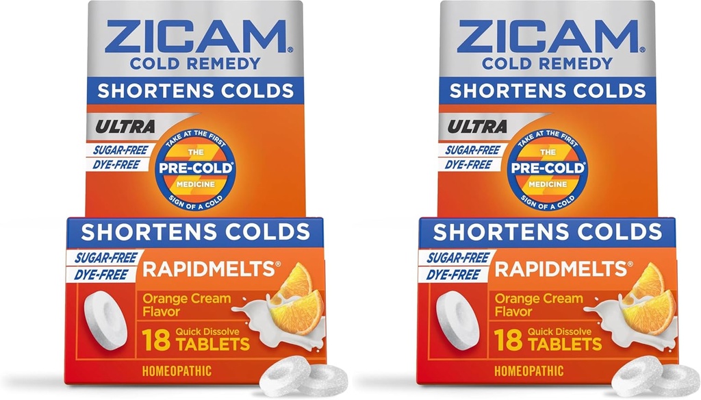 Zicam Ultra Rece Remedy Zinc Rapidmelts, Orange Cream Flavor, Homeopatic, Rece Scurtare Medicina, Scurteaza durata rece, Sugar-Free, Die-Free, 18 Conte (Pachet de 2)