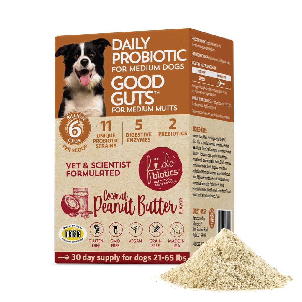 Fidobiotice Bune Guts pentru Mutts Mediu Probiotic pentru câini, 6 Miliarde CFUs, 11 Strains, 5 Enzime digestive, 2 Prebiotice, Digestive Sanatate pentru câini, Adult & catelus Probiotice Suplimente (30 zile)