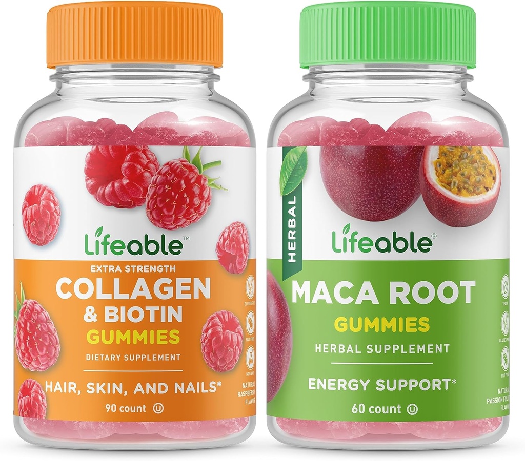Colagen & Biotin Lifeable + Moringa Leaf, Gummie Bundle - mare Tasting, Supliment de vitamine, Gluten gratuit, OMG gratuit, Guma de mestecat