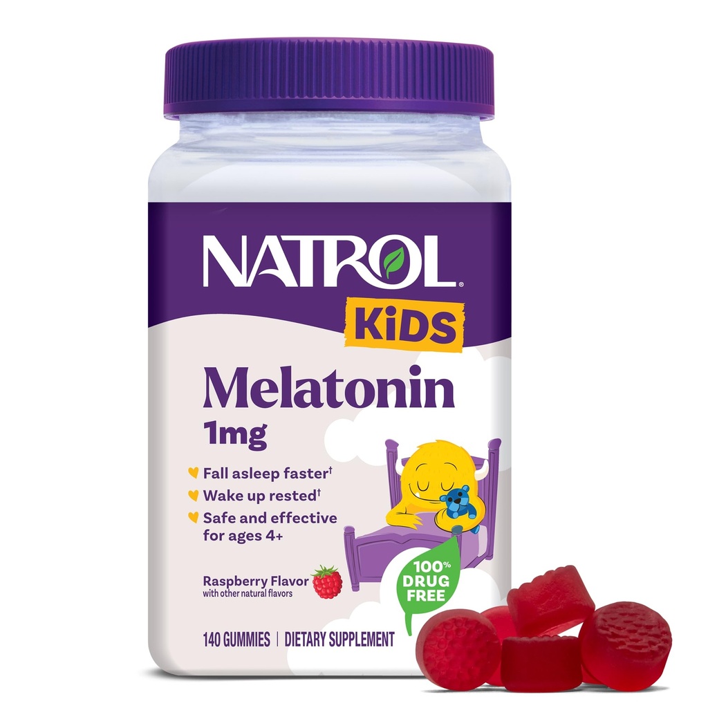 Natrol Kids Melatonin Gummies 1mg, Melatonina pentru copii pentru somn odihnitor, 140 Zmeură-Flavored Sleep Gummies, 140 de zile de aprovizionare