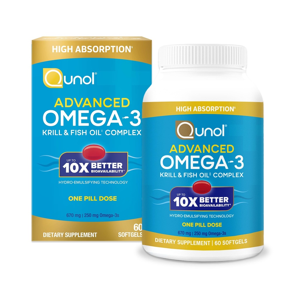 Qunol Advanced Omega 3 Krill and Fish Oil Complex, 10x Better Biodisponibility, One Pill Dose, 250mg EPA & DHA, Supports Brain, Eye, Heart and Joint Health, 60 Count (Pack of 1)